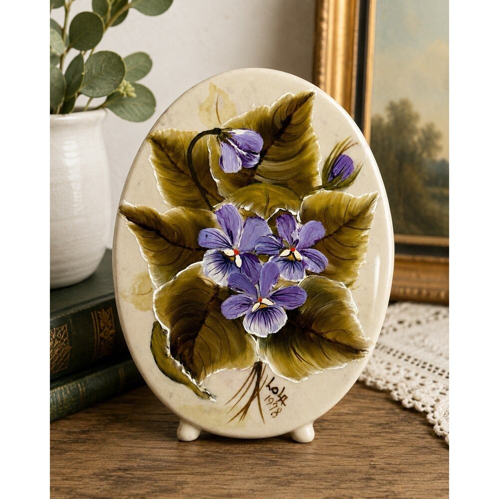Signed Lola 1978 Hand Painted Marble Alabaster Violet Floral Miniature Plaque 4”